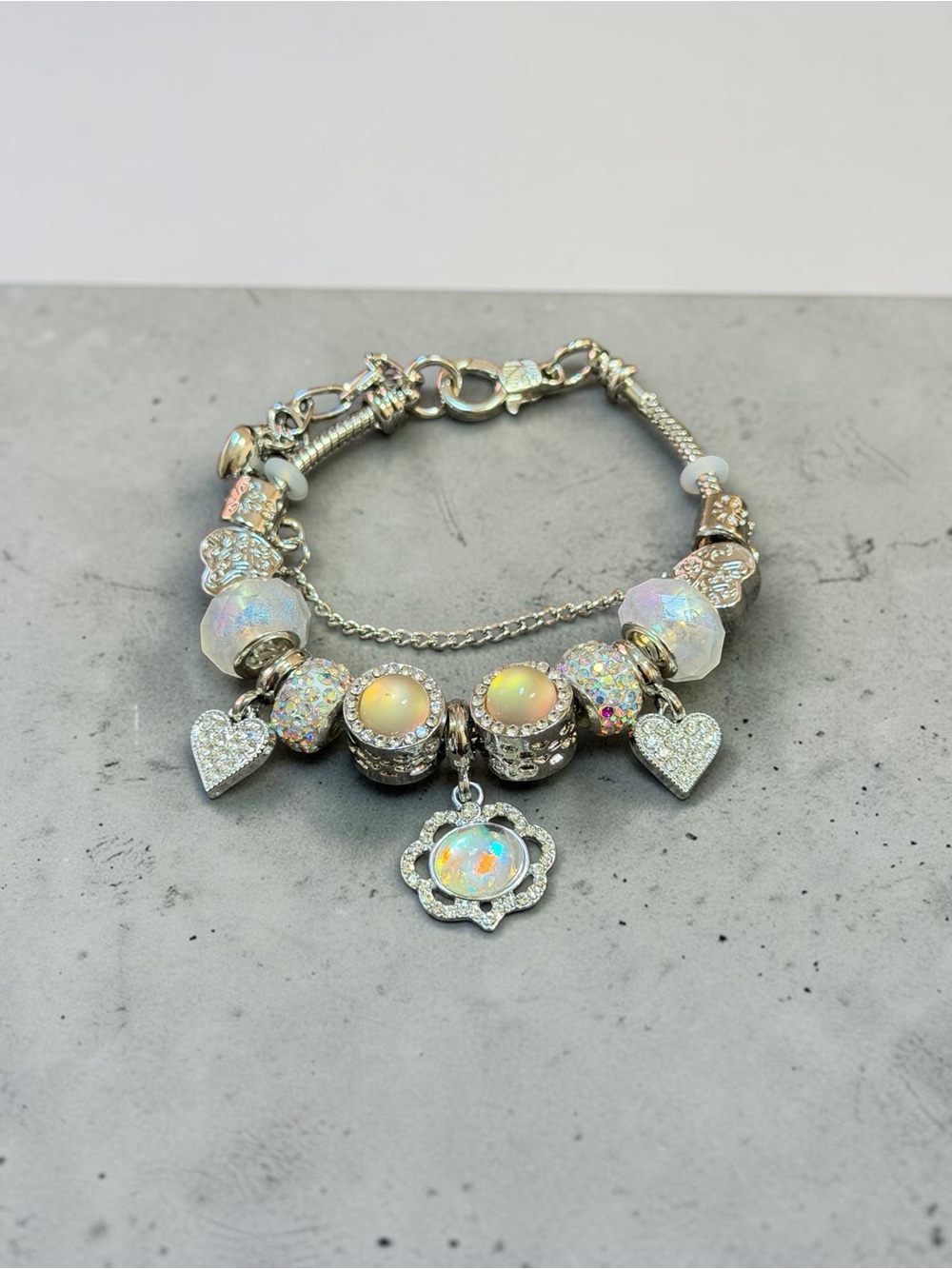 Silver Tone Iridescent Charm Bracelet with Hearts